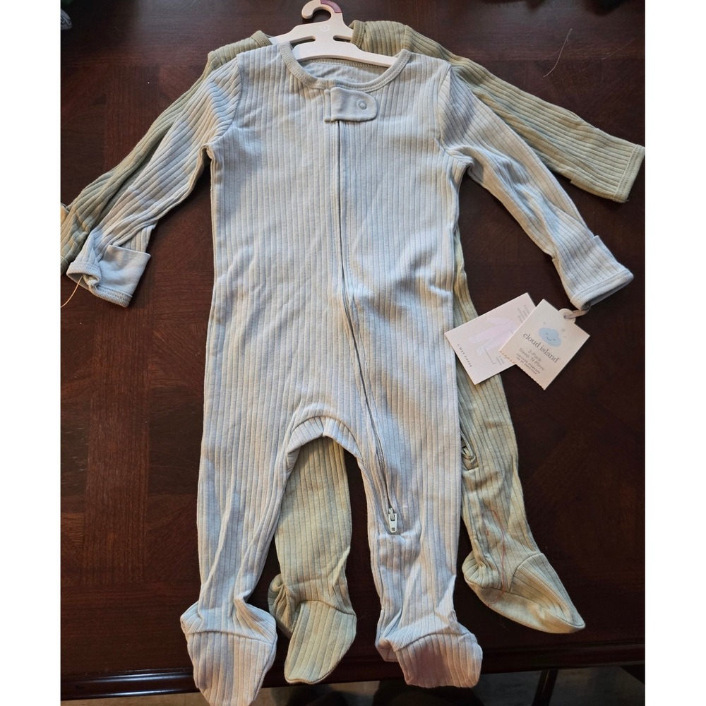 Cloud Island 2 Pack Sleep N Plays 3-6M Ribbed Blue Green Footed Zipper Pajamas
